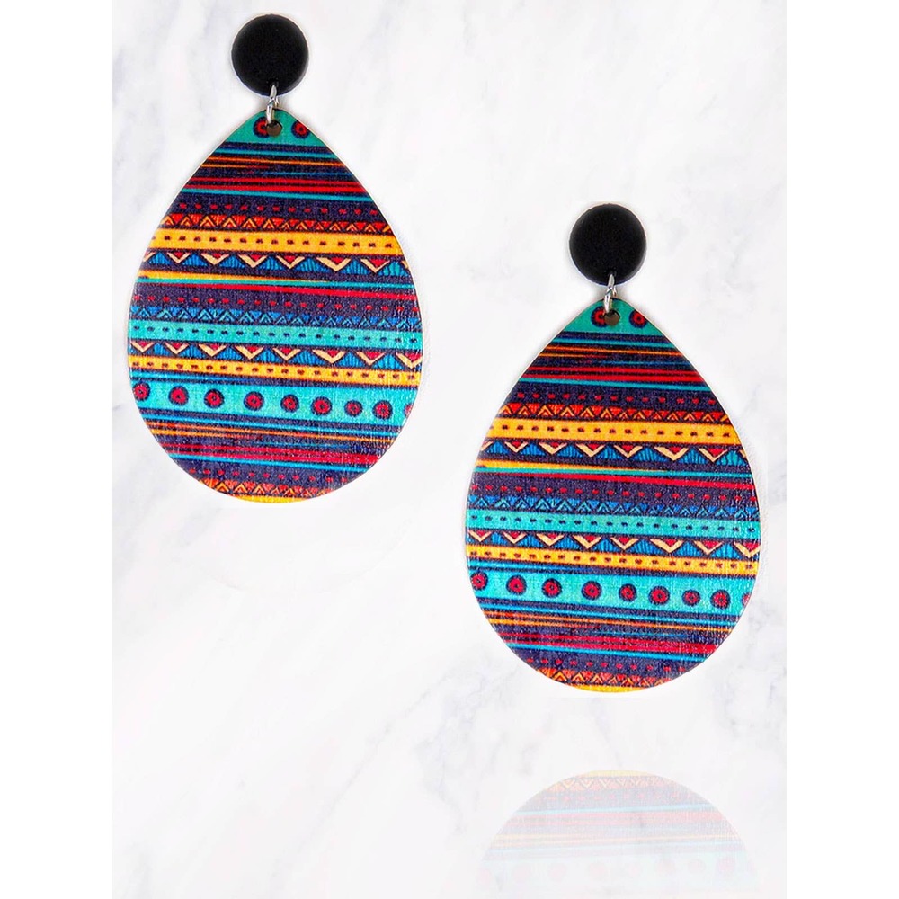 Multicolor Aztec Pattern Wooden Teardrop Dangle Drop Earrings